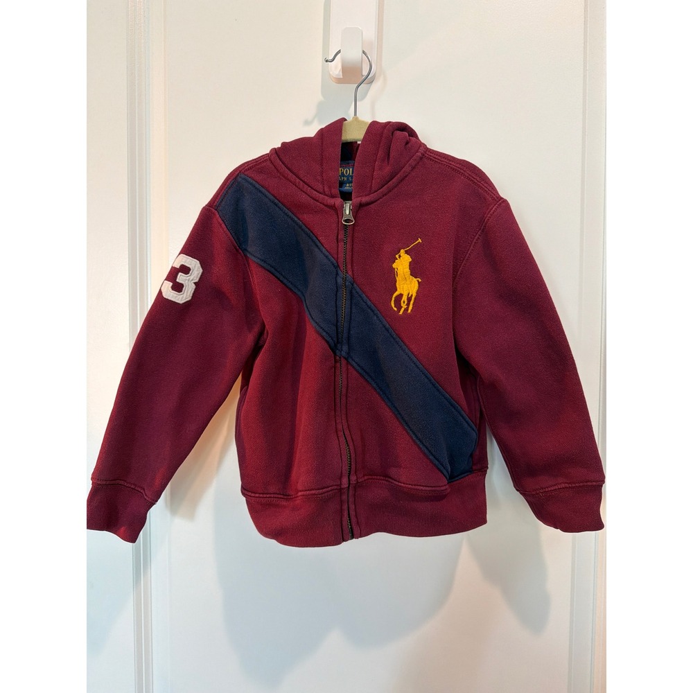 Polo Ralph Lauren Kids Burgundy Big Pony Sash Full Zip Hoodie Maroon 3/3T